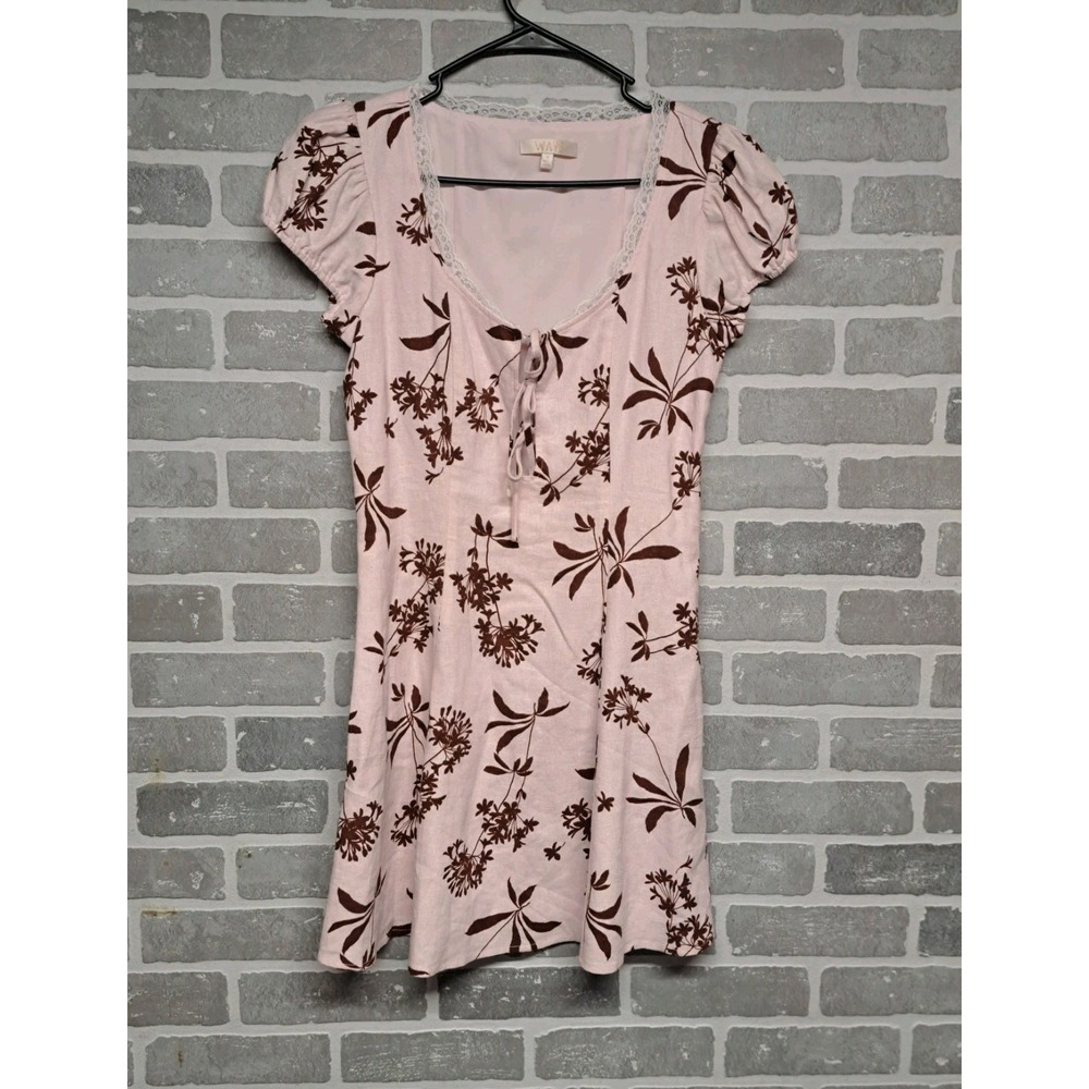 WAYF‎ Womens Linen Rayon  Floral Lace Scoop Neck Tie Front Mini Dress Size Small